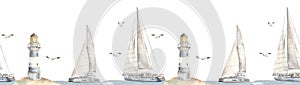 Watercolor seamless border sea cruise with yacht, catamaran, lighthouse, seagulls