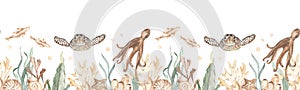 Watercolor seamless border with underwater creatures, sea turtle, octopus, algae, corals, seashells for prints