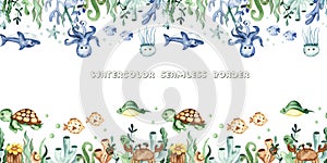 Watercolor seamless border with underwater creatures, sea turtle, shark, octopus, algae, corals