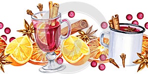 Watercolor seamless border with white mug, glass of mulled red wine and orange, cinnamon, berries and spices, hand drawn