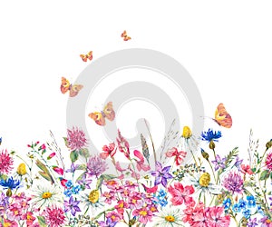 Watercolor seamless border with wildflowers