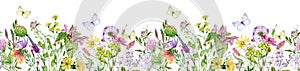 Watercolor seamless border with wildflowers and butterflies. Filed flowers header. Meadow pattern