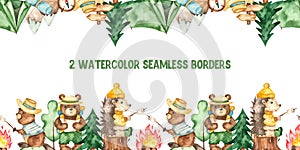 Watercolor seamless borders with camping, animals, tent, campfire