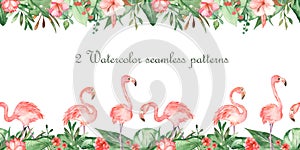 Watercolor seamless borders with flamingo and tropical plants