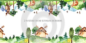 Watercolor seamless borders with spring mountain landscape