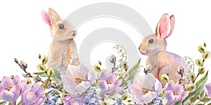 Watercolor seamless bordure with little peach rabbits is sitting in the spring flowers wreath. Easter bunny and colorful