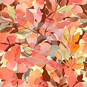 Watercolor seamless botanical pattern with abstract flowers and leaves of autumn color palette