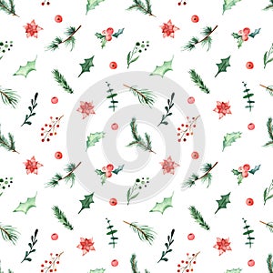 Watercolor seamless Christmas pattern with holly, berries, branches of spruce, pine, holly flower, leaves on a white background