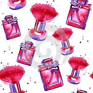 Watercolor seamless cosmetics pattern. Perfumes and brushes.