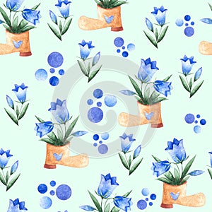 Watercolor seamless endless pattern with blue colored bluebells, circles and beige boot full of flowers