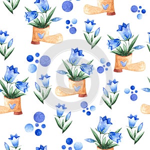 Watercolor seamless endless pattern with blue colored bluebells, circles and beige boot full of flowers isolated