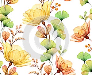 Watercolor seamless floral pattern. Abstract yellow roses, gingko leaves and on white. Isolated hand drawn background