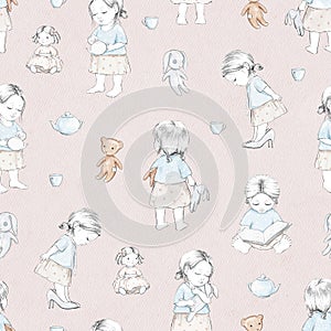 Watercolor seamless floral pattern with baby girl, doll, bear, bunny and dishes on rose paper texture