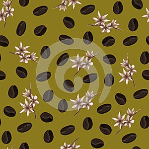 Watercolor seamless floral pattern of blooming coffee, coffee flower, cute floral print, coffee beans, spring, digital paper