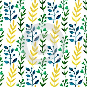 Watercolor seamless floral pattern with colorful leaves and branches. Hand paint vector spring or summer background. Can be used