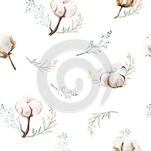 Watercolor seamless floral pattern with cotton. Bohemian natural patterns: leaves, feathers, flowers, rose boho white