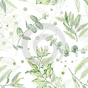 Watercolor seamless floral pattern with green leaves isolated on white background