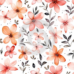 Watercolor seamless floral pattern with pink flowers and leaves isolated on white