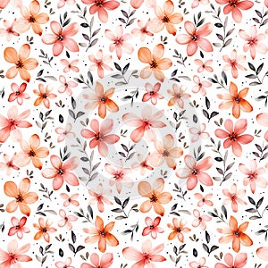 Watercolor seamless floral pattern with pink flowers and leaves isolated on white