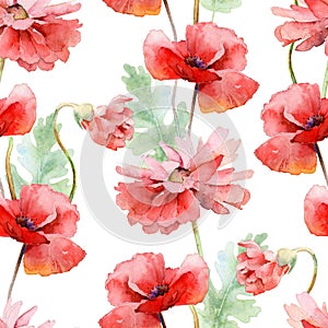 Watercolor seamless floral pattern with red poppies