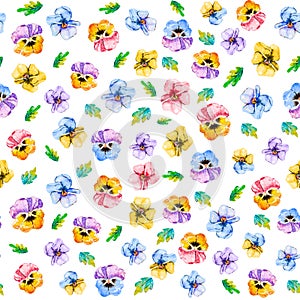 Watercolor seamless floral pattern with summer flowers viola tricolor pansy and leaves in white background for textile,fabric,