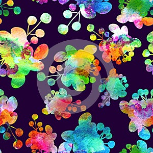 Watercolor Seamless flower red green rainbow doodle on violet background pattern. Hand drawn elements. Bright art for