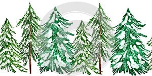 Watercolor seamless hand drawn border with Christmas trees. Winter december forest wood woodland decor, pine fir conifer