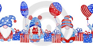 Watercolor seamless hand drawn horizontal border with 4th of July gnomes, Forth of july patriotic American design with