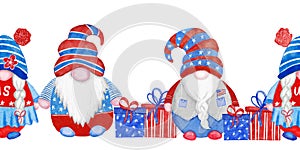 Watercolor seamless hand drawn horizontal border with 4th of July gnomes, Forth of july patriotic American design with