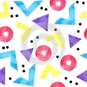 Watercolor seamless hand drawn pattern of 90s 80s memphis abstract style. Bright blue yellow pink purple geometric