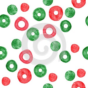 Watercolor seamless hand drawn pattern with red green abstract shapes elements circles rings round polka dot, bright