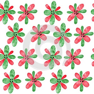 Watercolor seamless hand drawn pattern with red green abstract shapes elements flowers, bright summer background