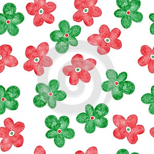 Watercolor seamless hand drawn pattern with red green abstract shapes elements flowers, bright summer background