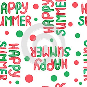 Watercolor seamless hand drawn pattern with red green abstract shapes elements happy summer words polka dot, bright