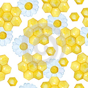 Watercolor seamless hand drawn pattern with yellow honeycomb geometric abstract design and blue daisy flowers. Bumble