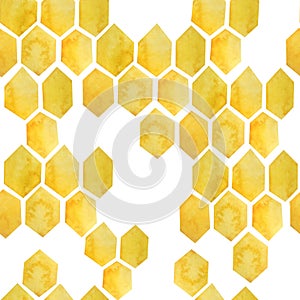 Watercolor seamless hand drawn pattern with yellow honeycomb geometric abstract design. Bumble bee honey comb shapes