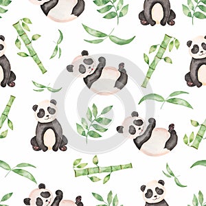 Watercolor seamless hand drawn Tropical leaves bamboo tree pattern with panda bear. Aquarelle wild leaves with wild animal for