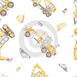Watercolor seamless multidirectional pattern with construction vehicles, excavator, truck crane, grader, loader on a white