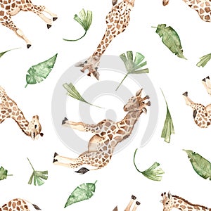 Watercolor seamless multidirectional pattern with cute giraffes and tropical leaves