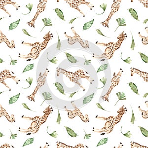 Watercolor seamless multidirectional pattern with cute giraffes and tropical leaves on a white background