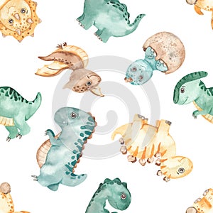 Watercolor seamless multidirectional pattern with dinosaurs babies, tyrannosaurus, stegosaurus, tricerapops, brontosaurus,