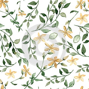 Watercolor seamless multidirectional pattern with flowers, leaves, branches, foliage of St. John`s wort