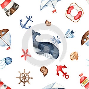 Watercolor seamless multidirectional pattern with lighthouse, whale, anchor, helm, ships