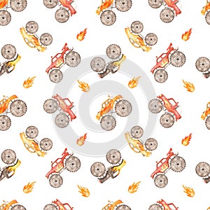Watercolor seamless multidirectional pattern with monster trucks and fire on a white background