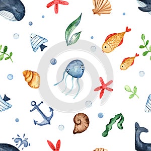 Watercolor seamless multidirectional pattern with sea creatures, whale, fish, jellyfish, shells, seaweed