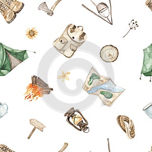 Watercolor seamless multidirectional pattern with tourist items, tent, boots, campfire, mug, rope, map, lantern