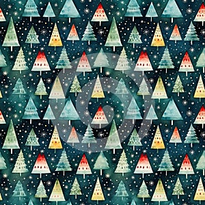 watercolor seamless pattern with abstract decorative Christmas trees and snowflakes on a dark background, for wrapping paper,