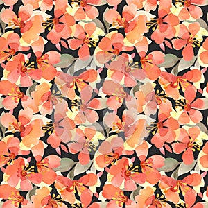 Watercolor seamless pattern with abstract flowers of multi-hued warm autumn palette on black background