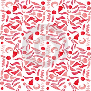 Watercolor seamless pattern, abstract red geometric elements on a white background.