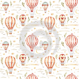 Watercolor seamless pattern. Air balloons, moon, clouds and stars. Ideas for a children`s room. Baby shower party elements.